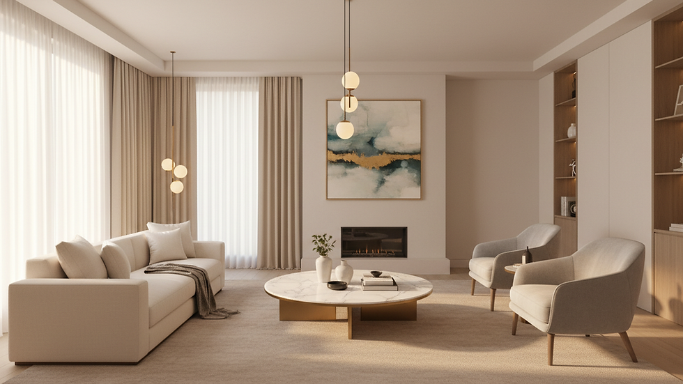 Eye-level view of a luxurious living room with elegant furniture and soft lighting