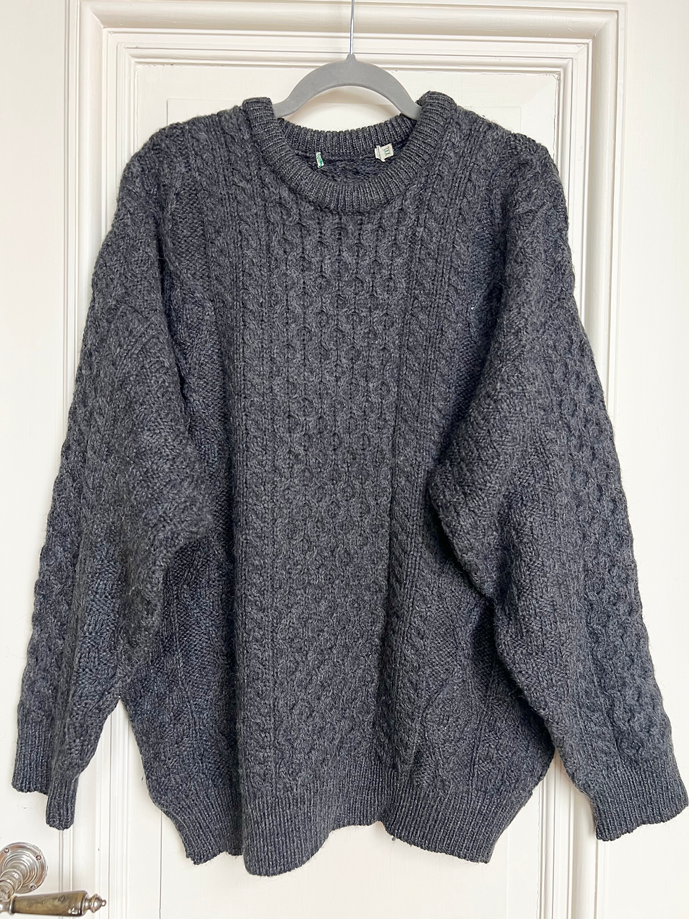 Vintage Strick Pullover Wolle Grau Zopfmuster Made in Ireland (XXL)