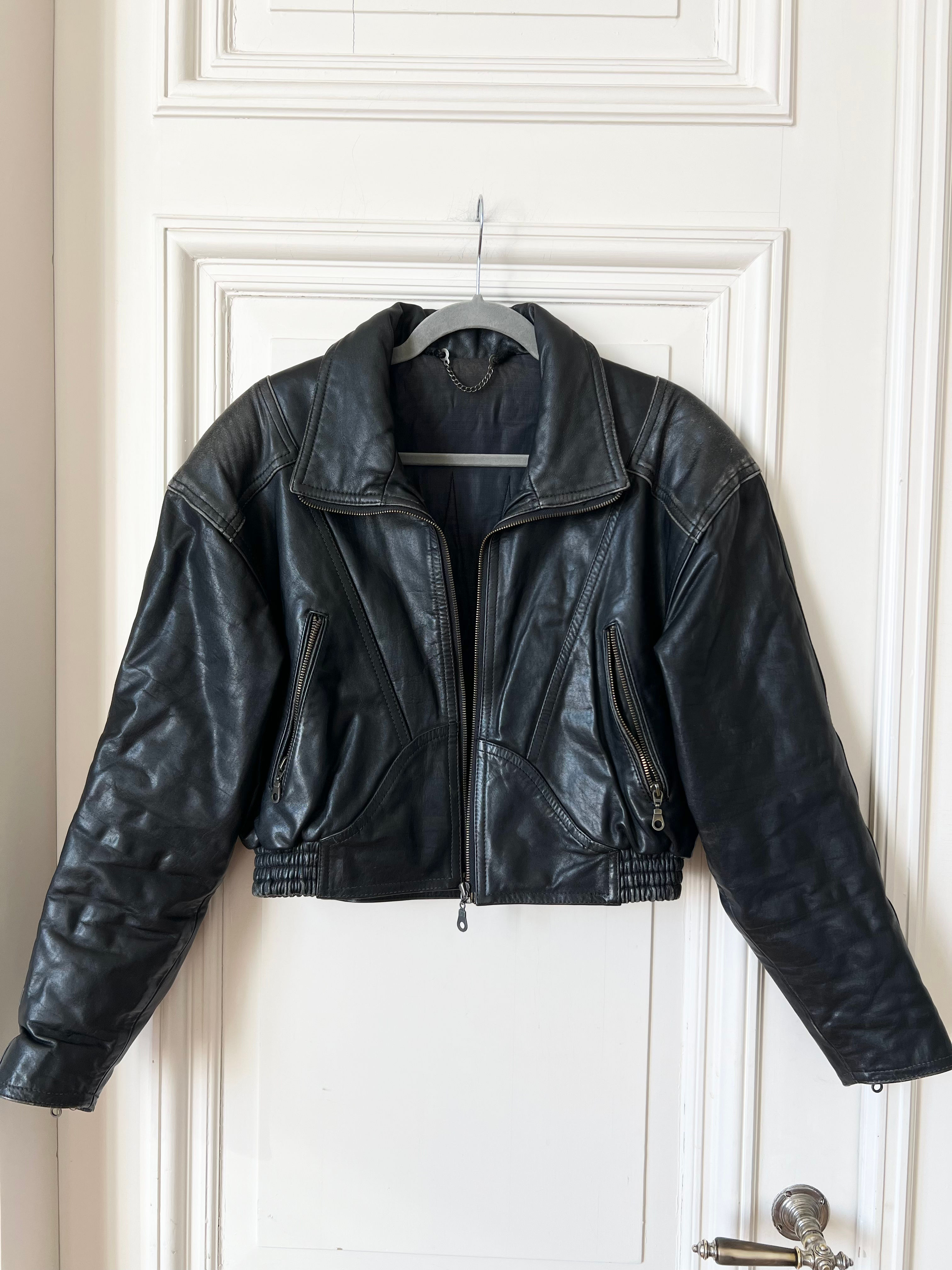 Vintage Leder Jacke schwarz cropped 80s (S)