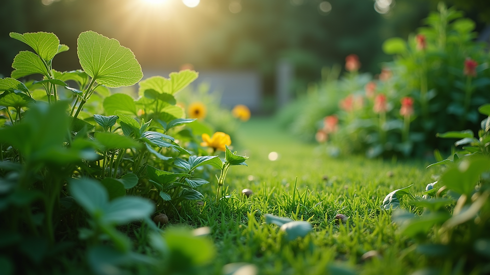 Eye-level view of a lush green garden with various plants