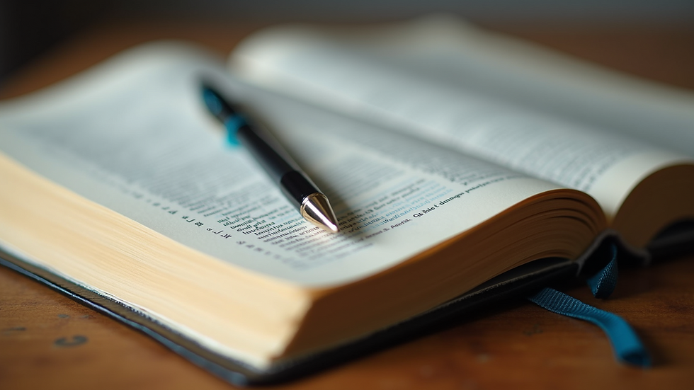 Close-up view of a stylish Bible study notebook with colorful pages and a pen