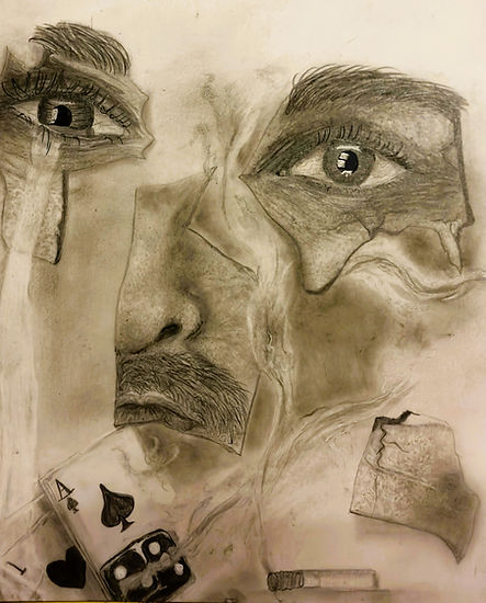 Charcoal and graphite drawing of a man crumbling from past addictions.