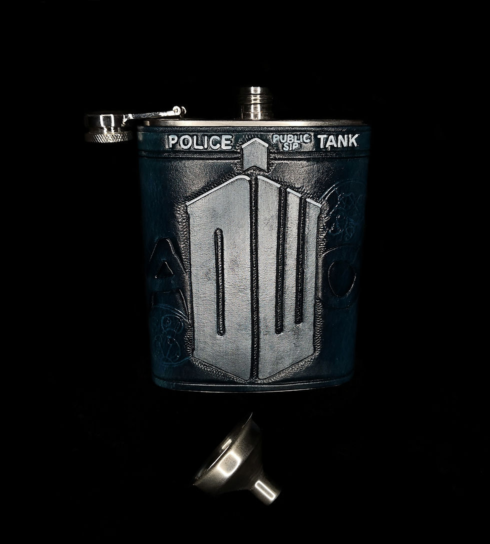 Thumbnail: Tardis Doctor Who Bad Wolf Leather Flask Front View with Funnel 2