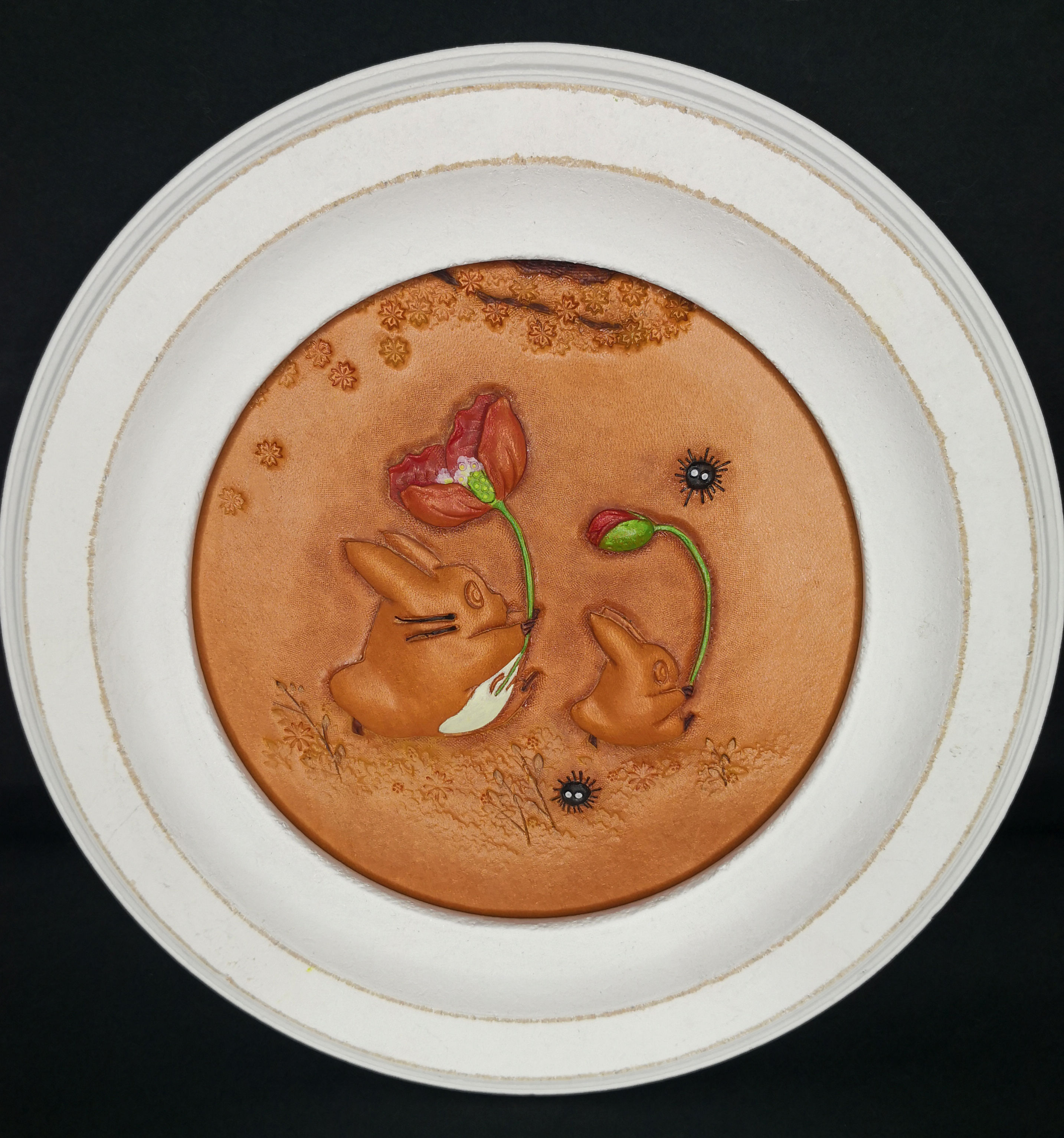 Totoro Family Flower Procession  Leather Engraving Front View