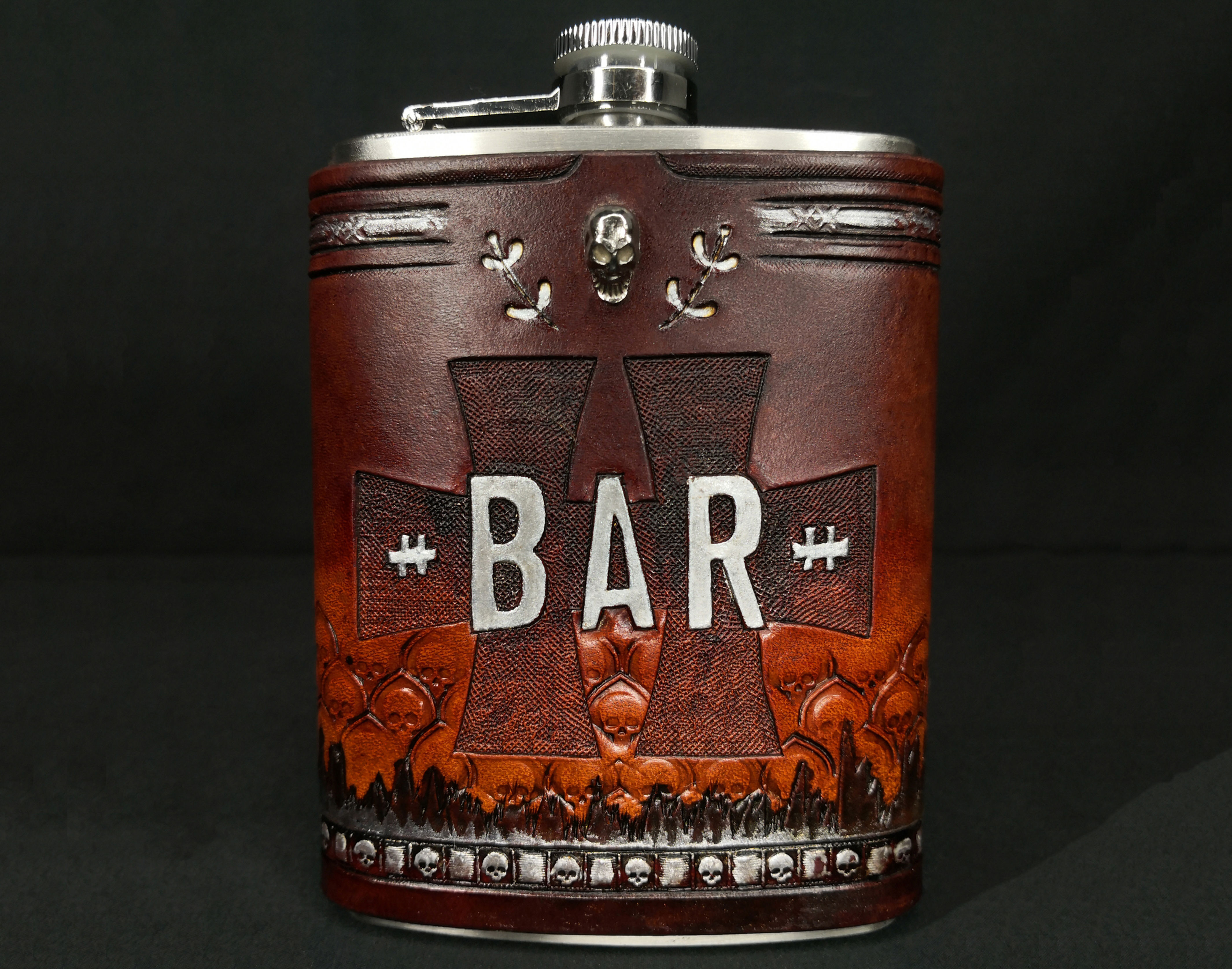 Post-Apocalyptic Bar Hellfest Metal Music Festival Leather Flask Front View