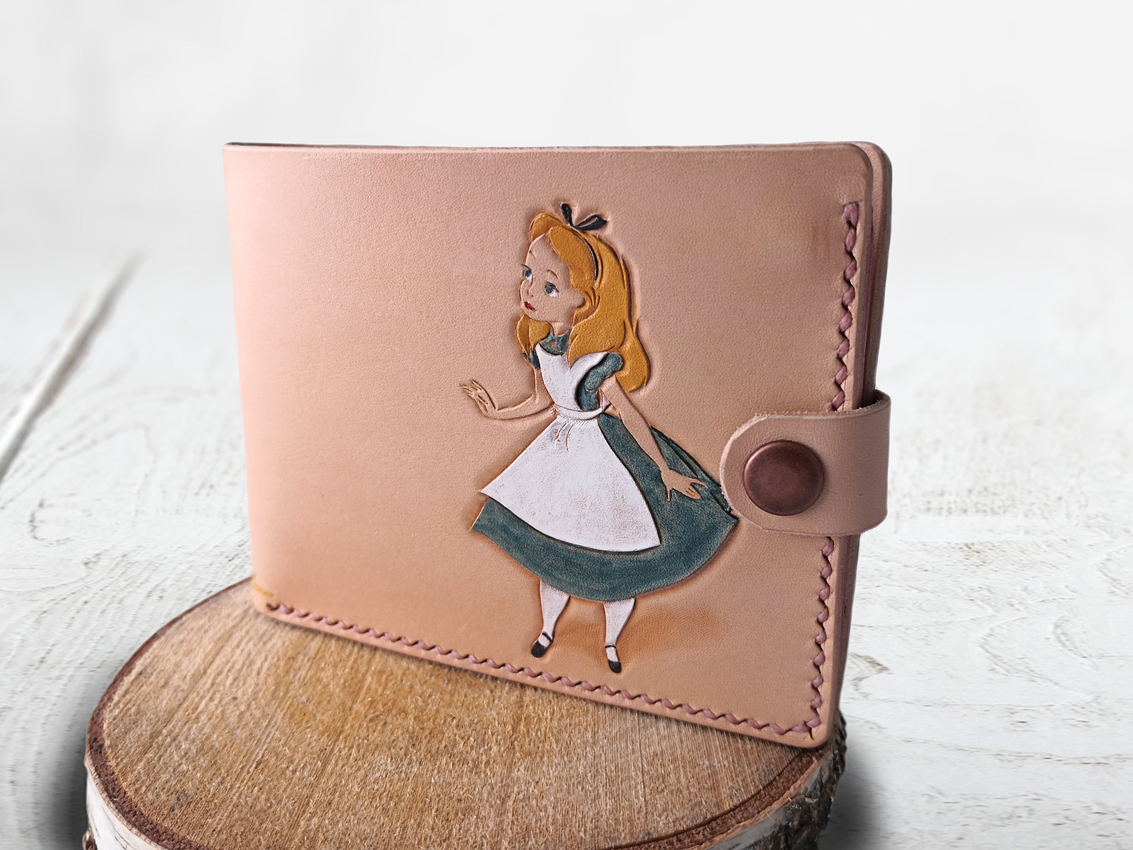 Alice in Wonderland Seven of Heart Leather Bifold Wallet Front View