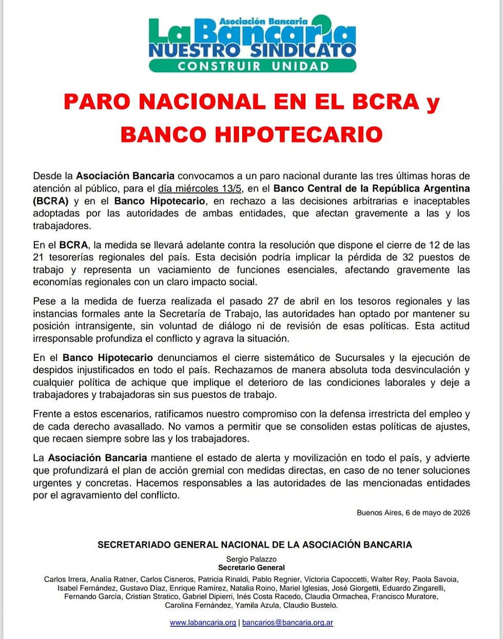 PARO NACIONAL EN EL BCRA y BANCO HIPOTECARIO