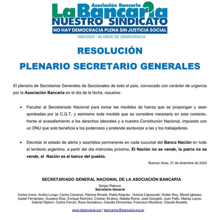 RESOLUCIÓN PLENARIO SECRETARIOS GENERALES
21 de diciembre de 2023