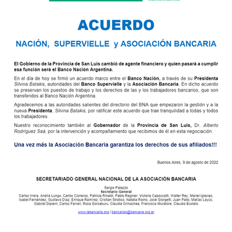 ACUERDO NACIÓN, SUPERVIELLE y ASOCIACIÓN BANCARIA