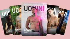 Cinco capas da revista Uomini com homens posando, destaque para Roger Sanz ao centro; fundo rosa e títulos em branco.