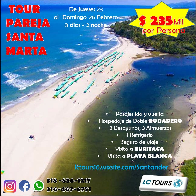 Pareja B/manga - Santa Marta (23 a 26 Feb/17) a $235 mil
