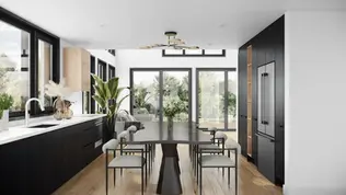 Modern wood-look German kitchen featuring full-height storage and total kitchen package costs of approximately $43K–$48K.