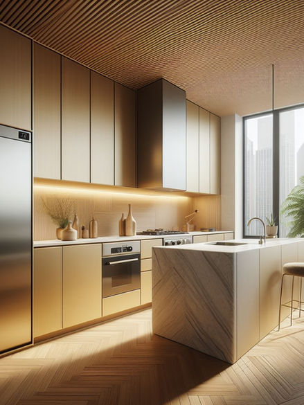 Galley Kitchen with oak kitchen cabinets.