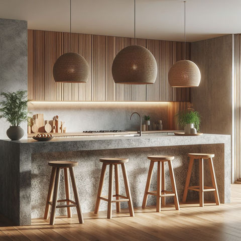 Concrete Island with oak kitchen cabinets.