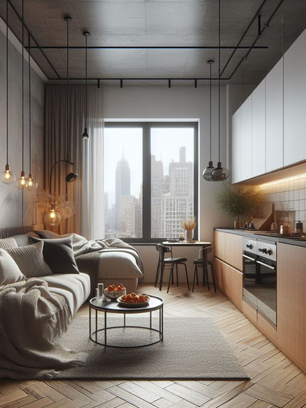 Studio kitchen with white and orange cabinets.
