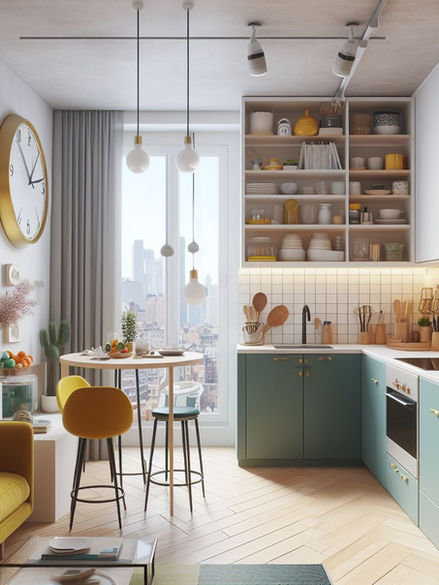 Small Studio Kitchen Idea with green cabinets.