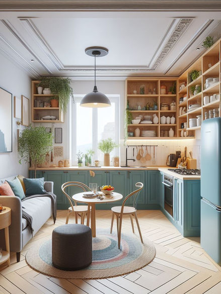 Green kitchen with oak kitchen elements