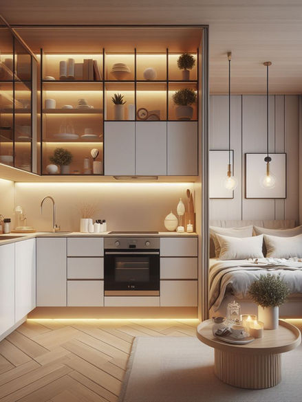 Studio Kitchen with white kitchen cabinets.