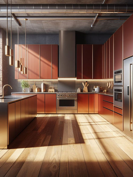 Large red kitchen with gold hardware