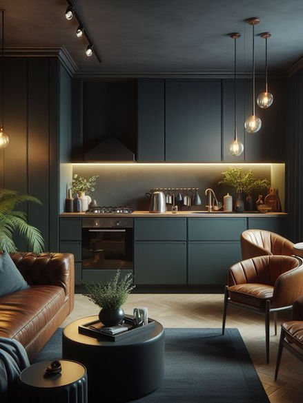 Modern Galley kitchen idea with green kitchen cabinets.