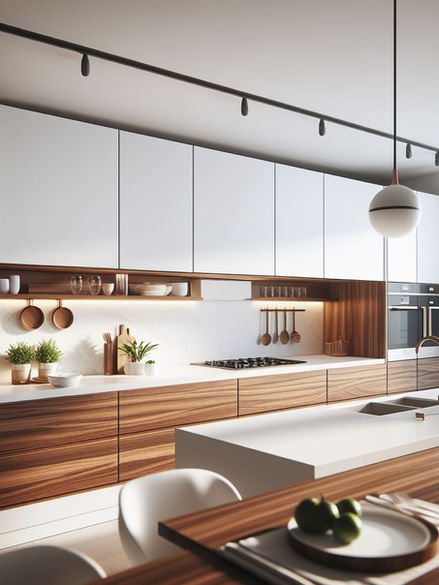 White kitchen with walnut accents