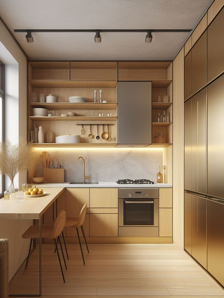 Kitchen with oak and cold accents.