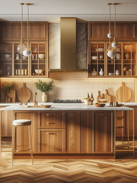 Walnut Kitchen with glass cabinets.