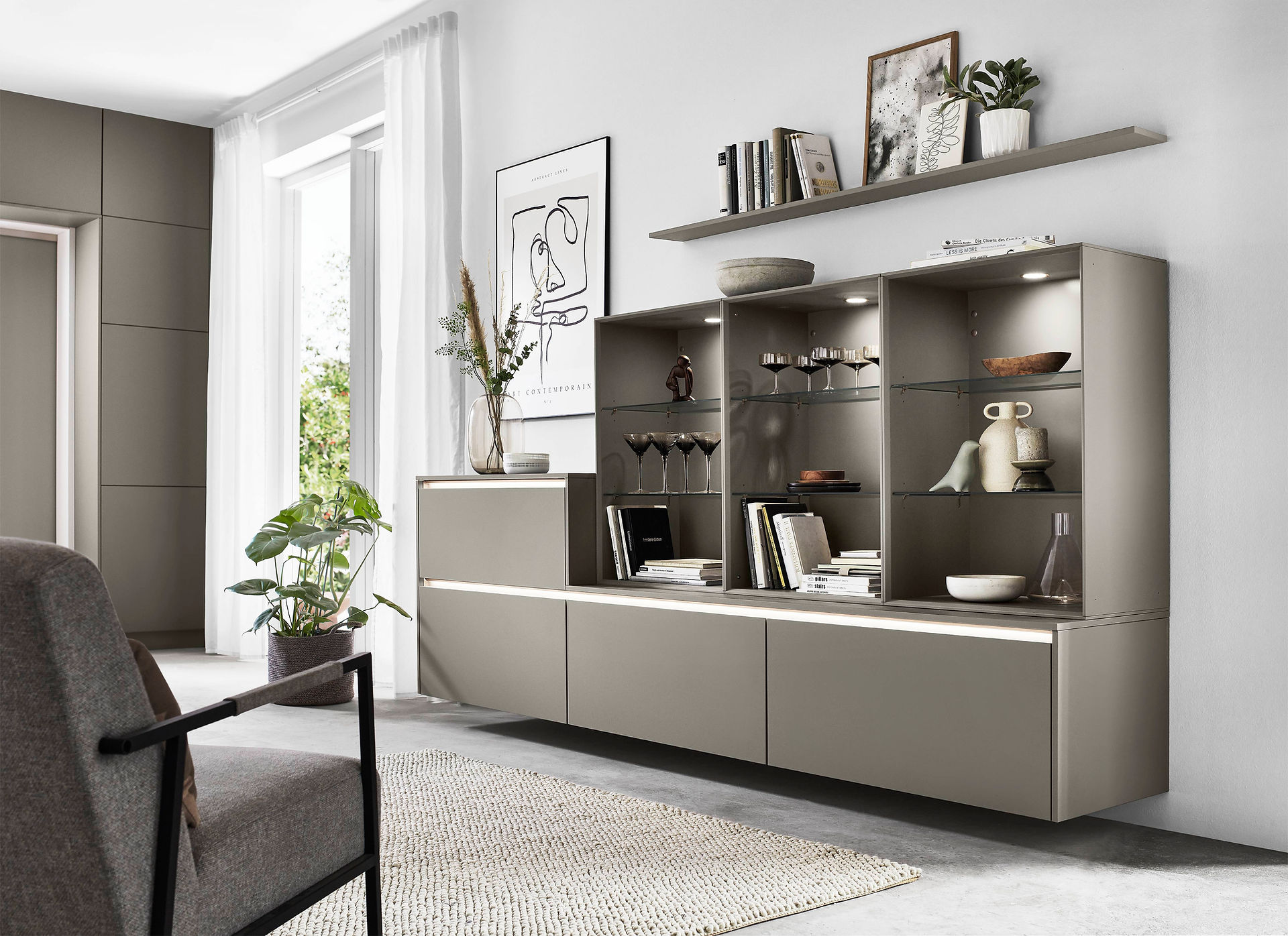 Modern living room sideboard with open shelving that matches your kitchen cabinets in an open room concept.