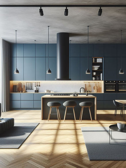 Large Open Kitchen in blue.