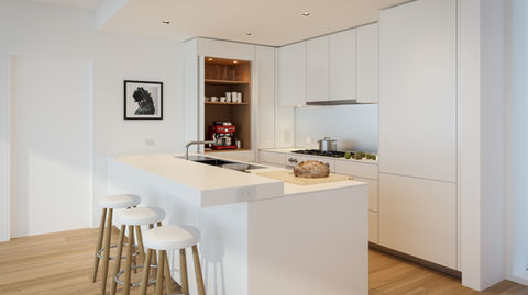All white kitchen with walnut accent in pocket door.