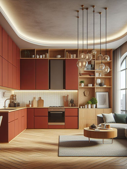 L-shaped contemporary Kitchen design with red kitchen cabinets.