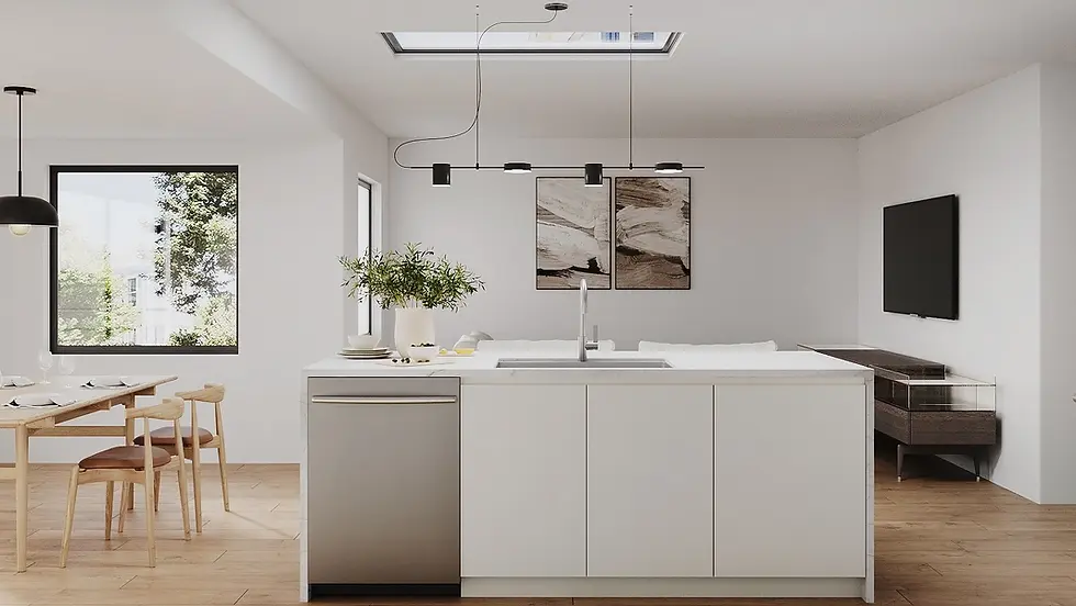 Modern European kitchen design in Westchester County with large island layout, white handleless cabinets, Caesarstone Calacatta Nuvo quartz countertops, and affordable semi-custom German kitchen cabinetry cost breakdown.