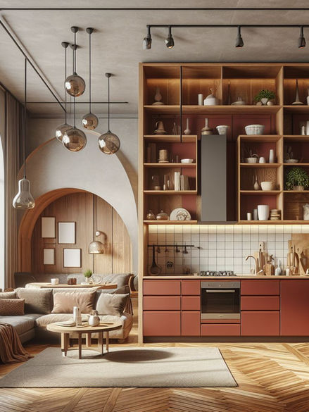Kitchen Idea with Rust Red kitchen cabinets.