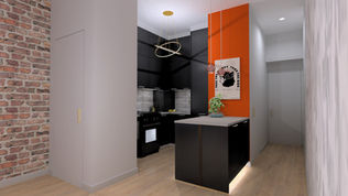 Small studio apartment kitchen in Chelsea NYC with dark wood cabinetry, stacked ceiling-height cabinets, integrated refrigerator, and peninsula layout with kitchen costs from $47K–$52K.