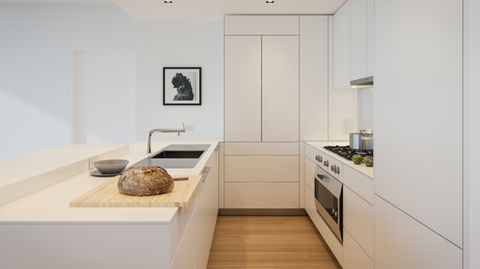 Organized and clean kitchen with closed pocket doors.