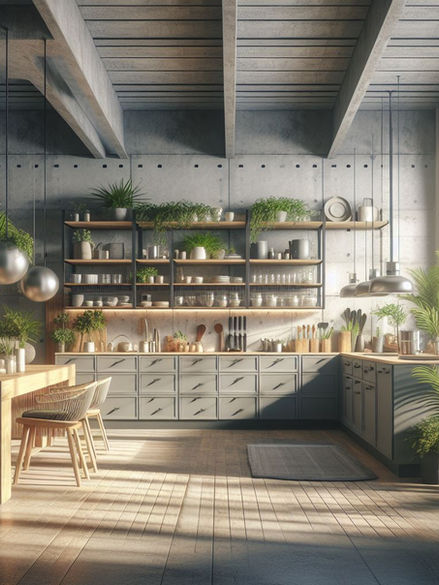 Boho Vibe kitchen design idea with grey kitchen cabinets