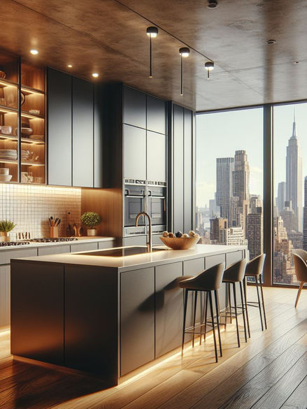 Grey Kitchen with Island in New York.