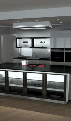 Black and white kitchen with Peninsular.