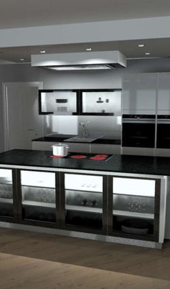 Black and white kitchen with Peninsular.