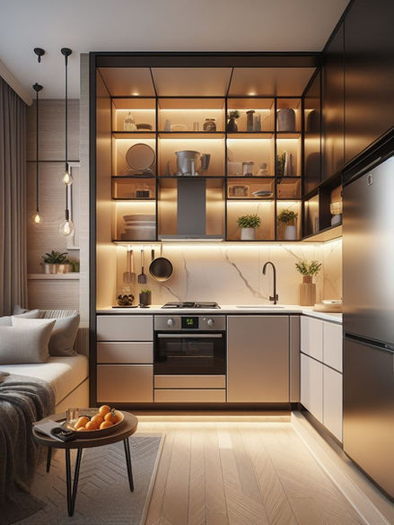Small kitchen with freestanding fridge.
