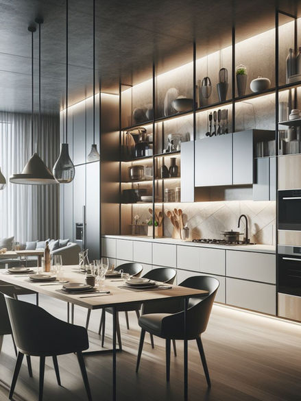 Industrial kitchen design with open shelves