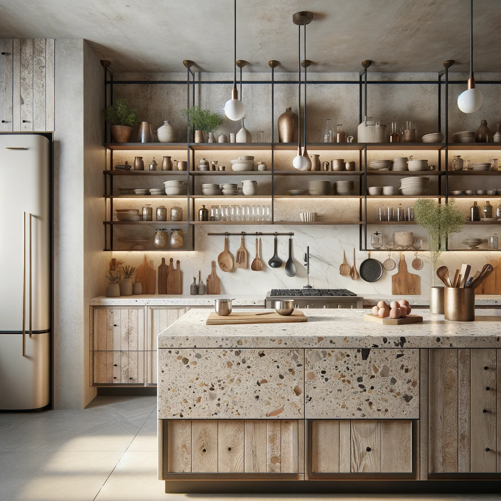 Ample storage with terrazzo countertops as a design element.