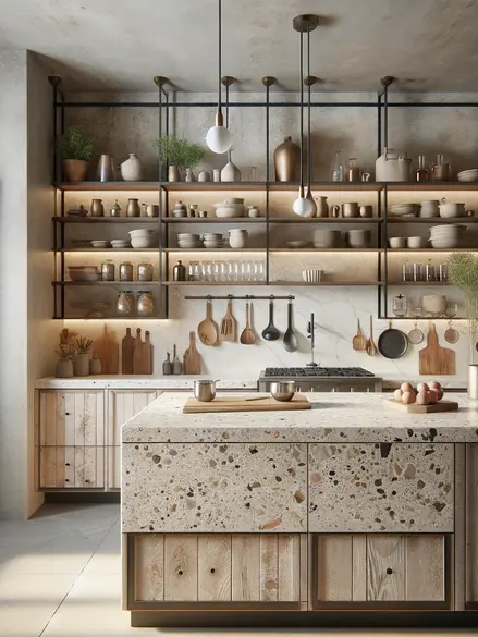 Japandi Kitchen Design with oak and Terrazzo. 