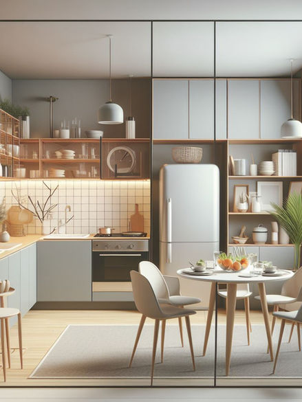 Small Kitchen idea with light blue kitchen cabinets.
