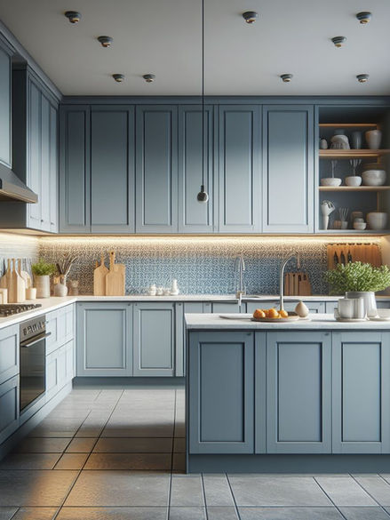 Large Contemporary Kitchen with light blue kitchen cabinets.