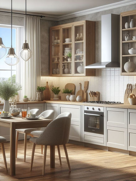 L-shaped Kitchen with grey kitchen cabinets.