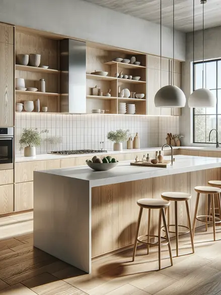 Oak kitchen with flat panel doors and island.