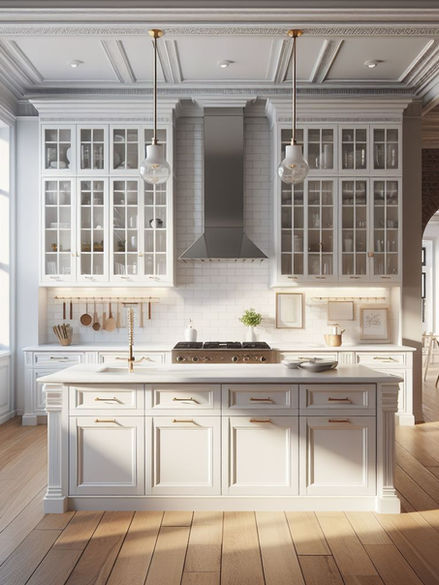 Shaker Kitchen with glass cabinets in white