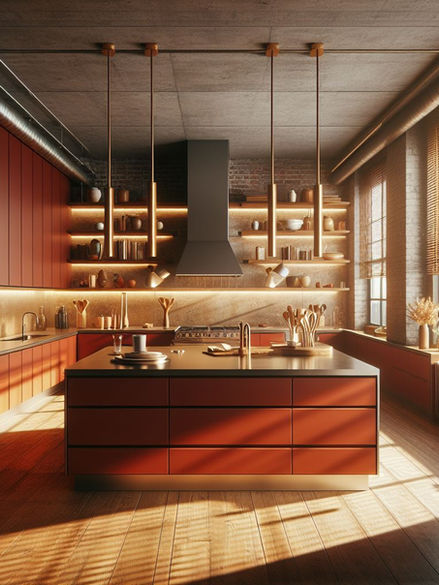 Large L-shaped kitchen with island in red