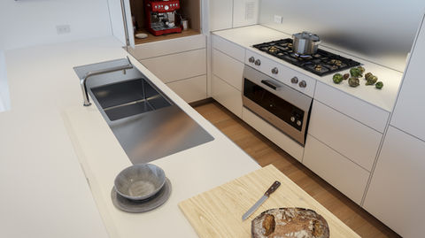 White kitchen with 36" Gaggenau oven.